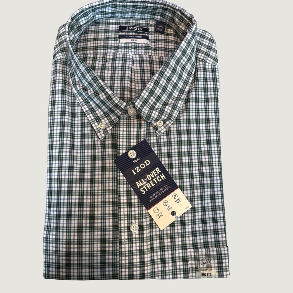 IZOD Mens Big Fit All-Over Stretch Plaid Button Down Shirt Green Blue 19 34/35